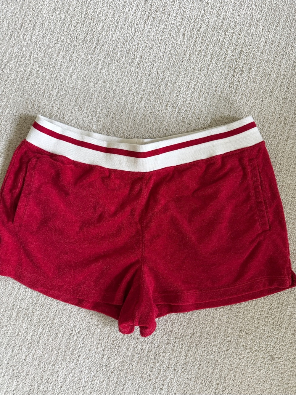 Roots Red Terry Athletic Shorts with White Striped Waistband